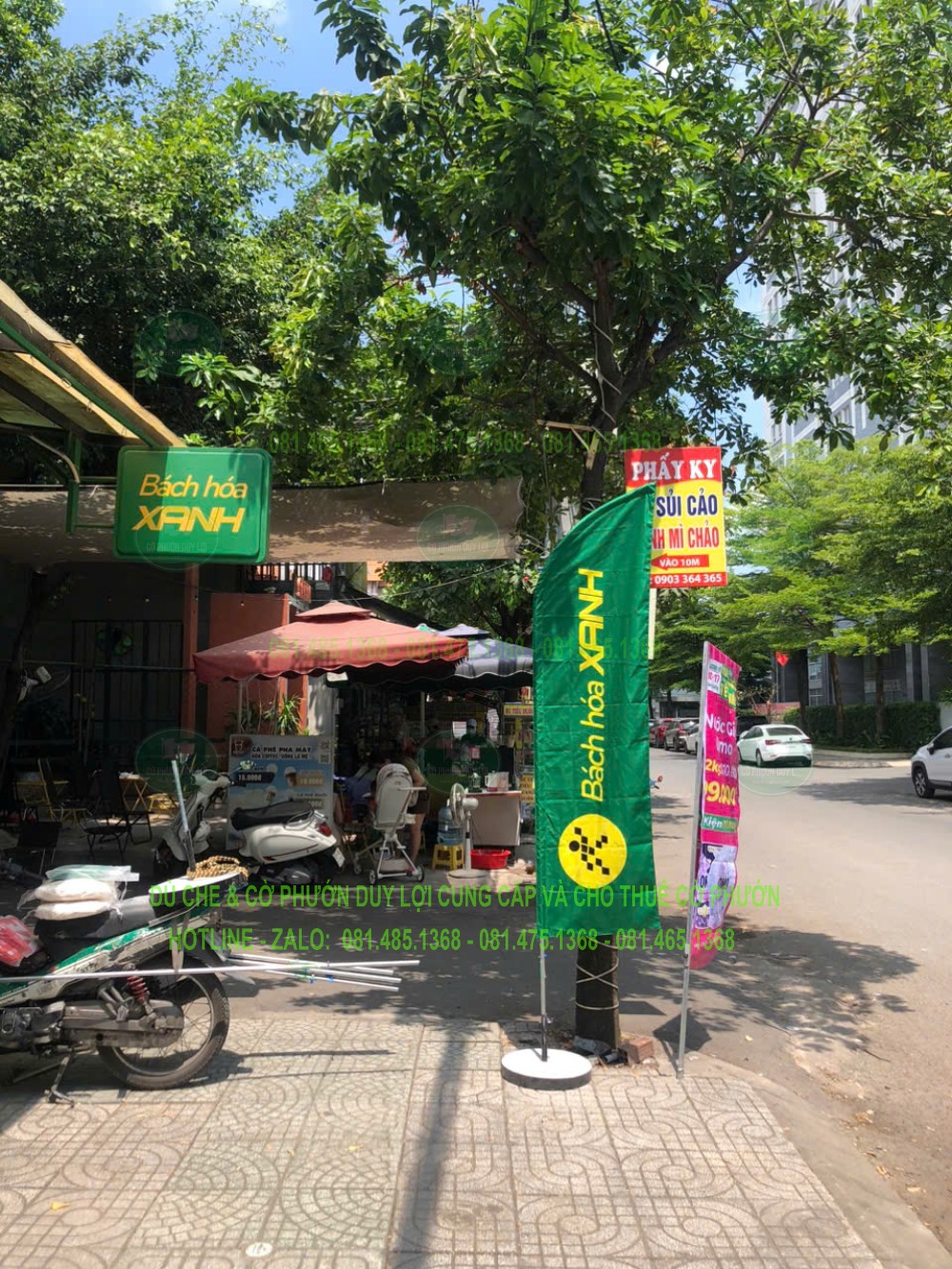 Cờ Bách Hóa Xanh ở khu vực có cây và biển hiệu, cho thấy cần xem khoảng trống xung quanh khi chọn chiều cao.