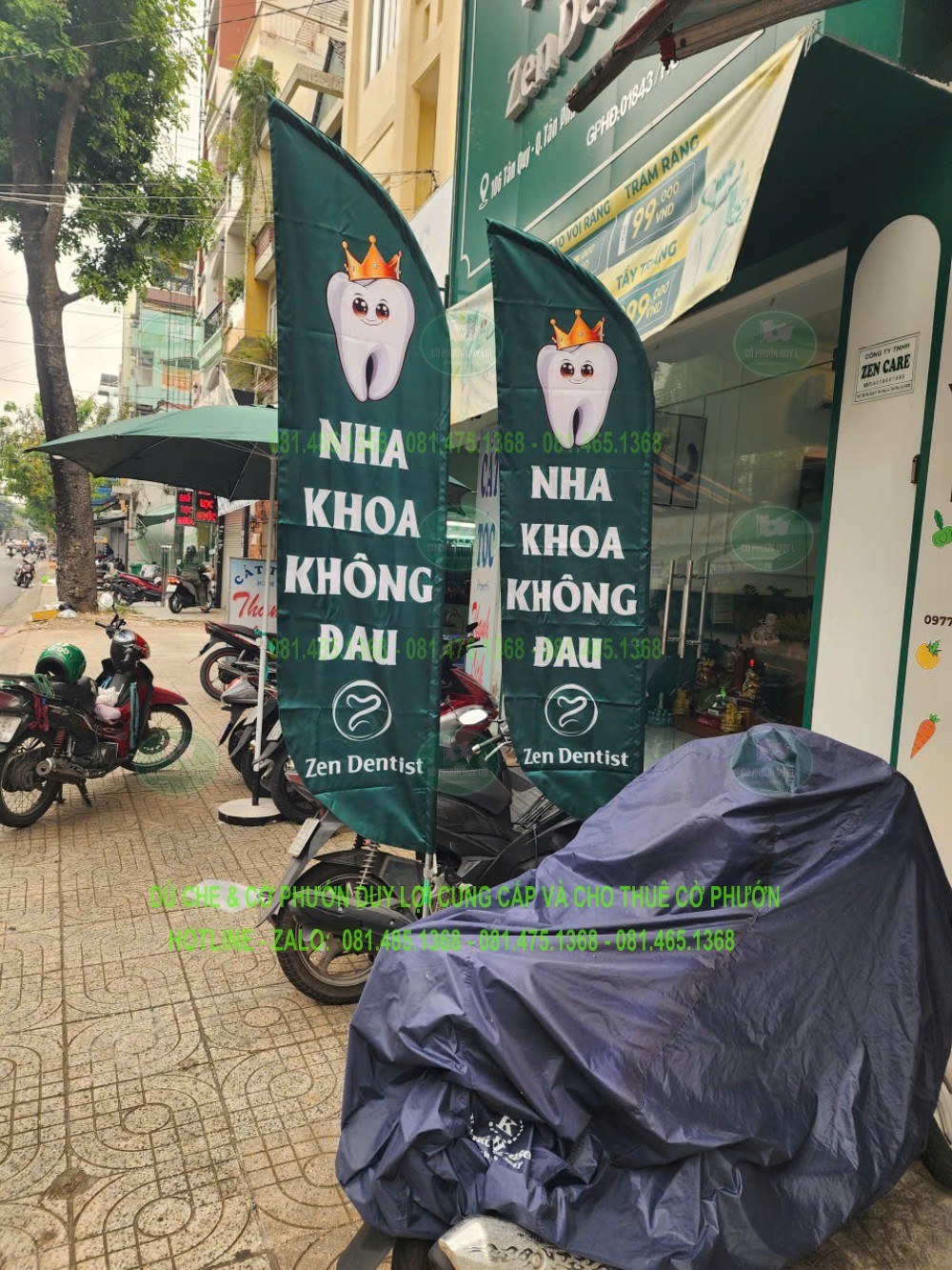 Hai cờ nền xanh mang chữ Nha khoa không đau và hình răng, đặt trước cơ sở dịch vụ.